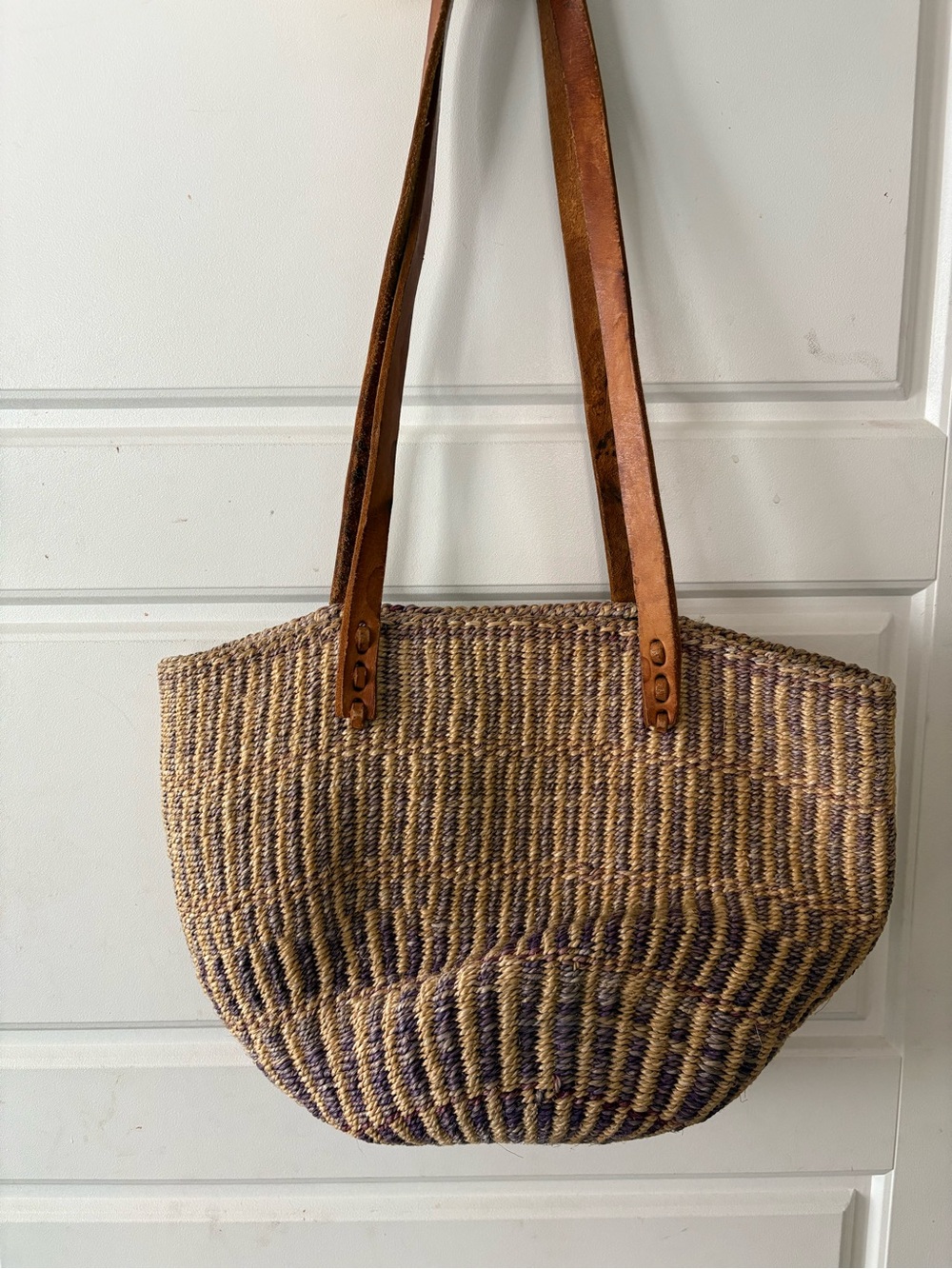 Vintage Woven Market Tote Bag with Leather Straps- Purple/Tan